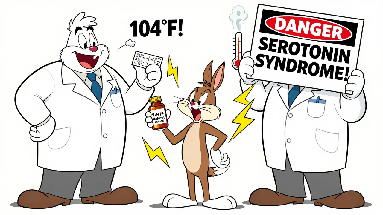 Confused person caught between SSRI and 5-HTP with fever and warning signs in cartoon style