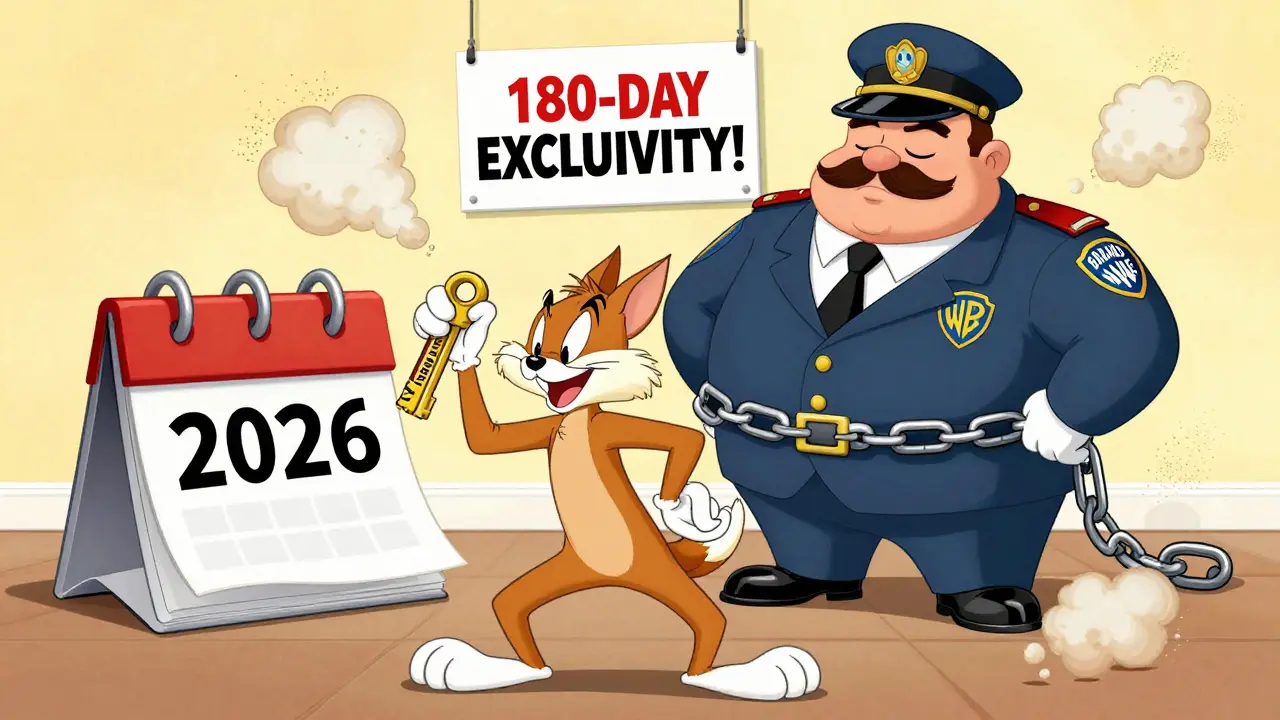 Coyote sneaking past a sleeping patent guard with a key labeled 'Paragraph IV'