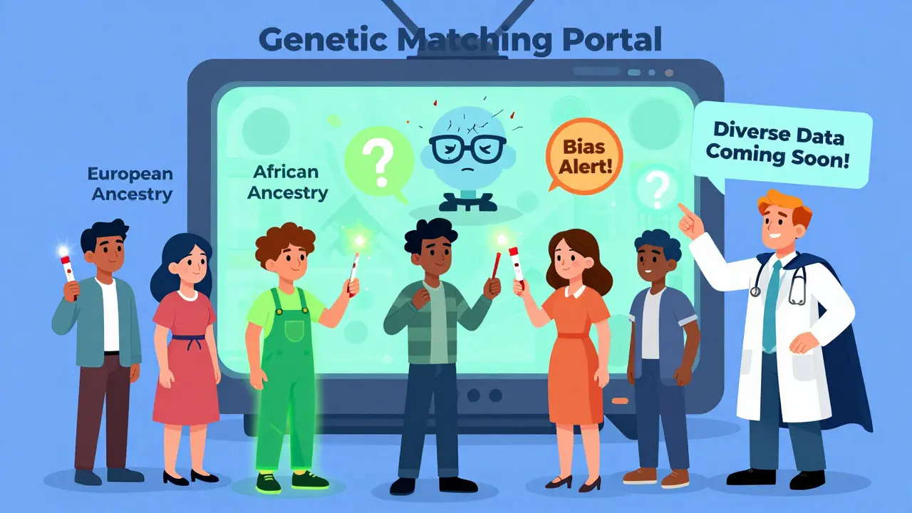 Diverse patients use saliva tests at a genetic portal, with one glowing correctly and another flagged for biased data.