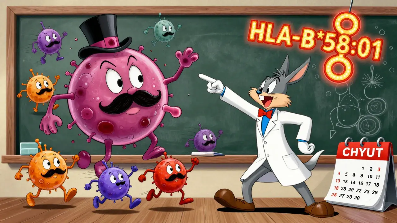 Doctor pointing at chaotic blood smear with dancing eosinophils and glowing HLA gene symbol.
