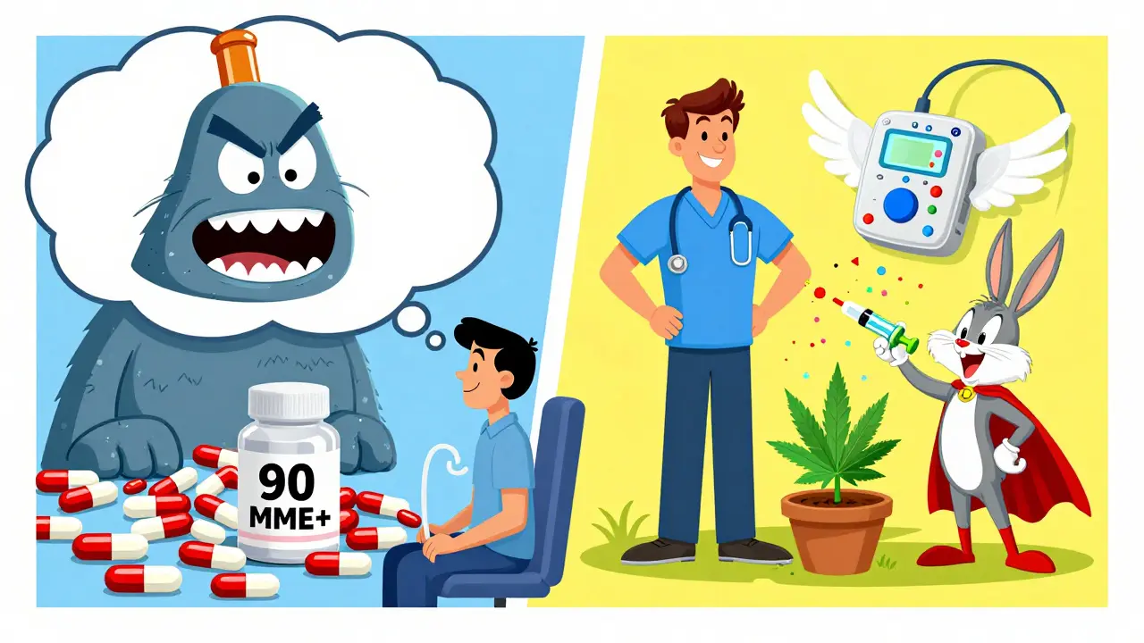 Patient's thought bubble contrasting scary opioid monster with cheerful non-opioid pain solutions.