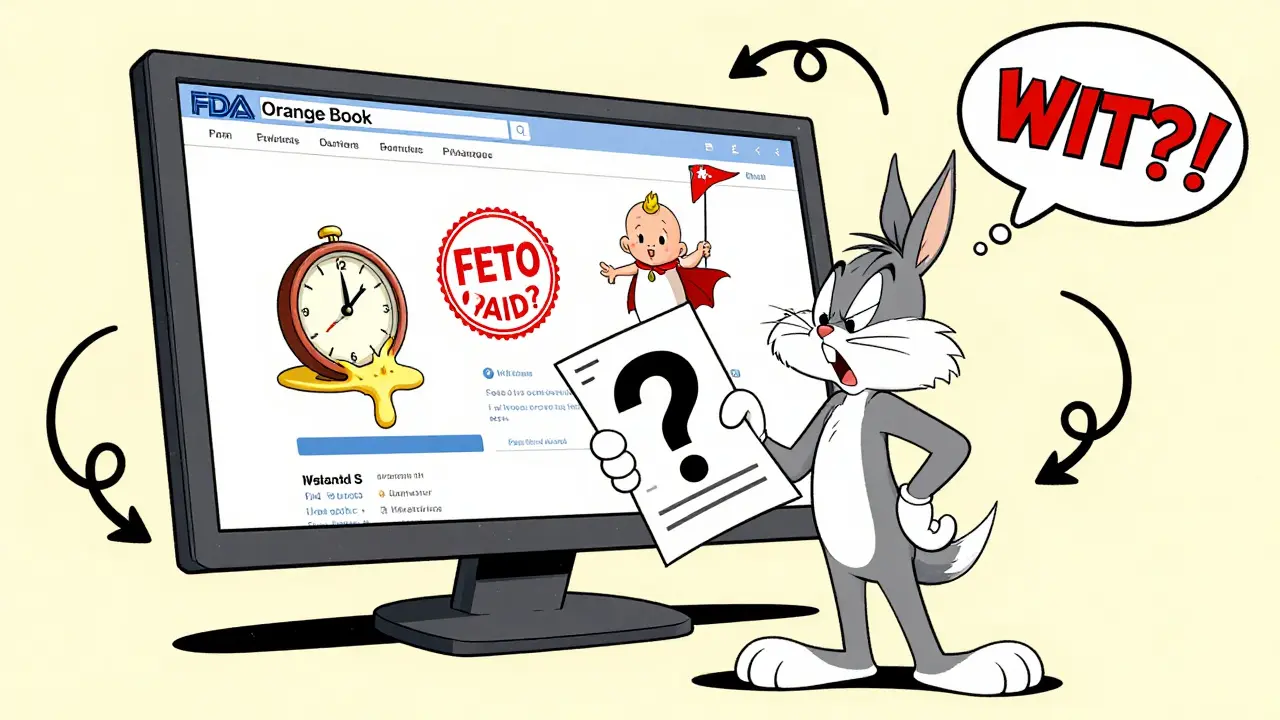 Patient confused by floating FDA Orange Book icons including melting clock and baby with cape