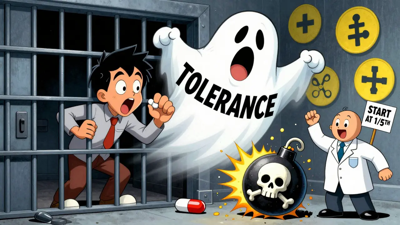 Person returning from jail about to overdose on a familiar-looking pill, in Looney Tunes style.