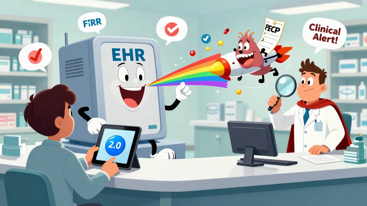 Pharmacist using a magnifying glass to chase a drug interaction monster with a PeCP note rocket flying through data bubbles.