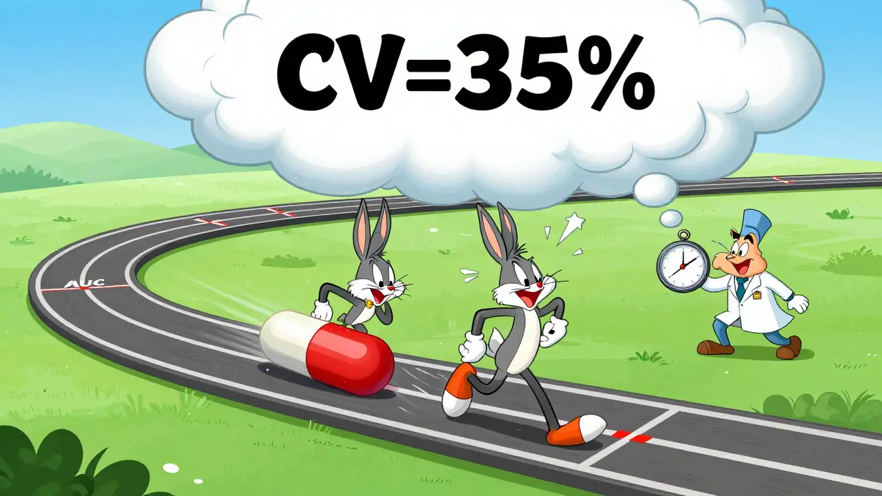 Pills race on a track with Cmax and AUC laps while high CV cloud looms