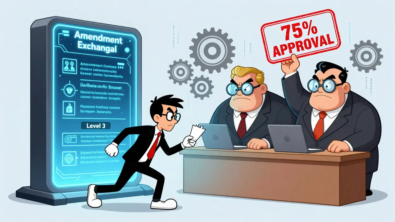 Representative submitting an amendment to a glowing digital portal while three oversized committee members scrutinize it with magnifying glasses.