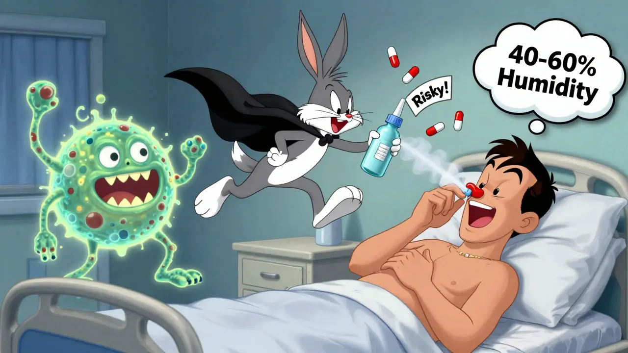 Saline spray hero fighting antibiotic pills while C. diff monster looms, humidifier clouds in background.