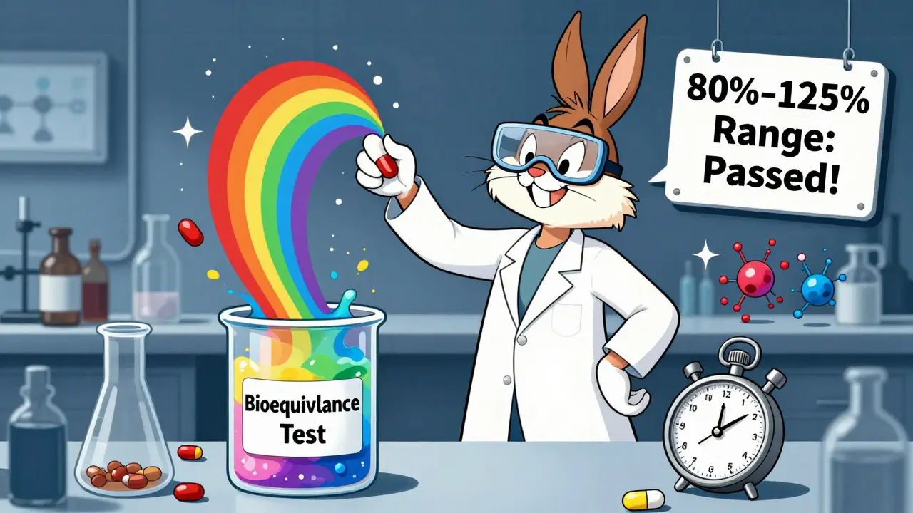 Scientist testing generic and brand-name pills in a lab, with rainbow splash showing equal absorption.