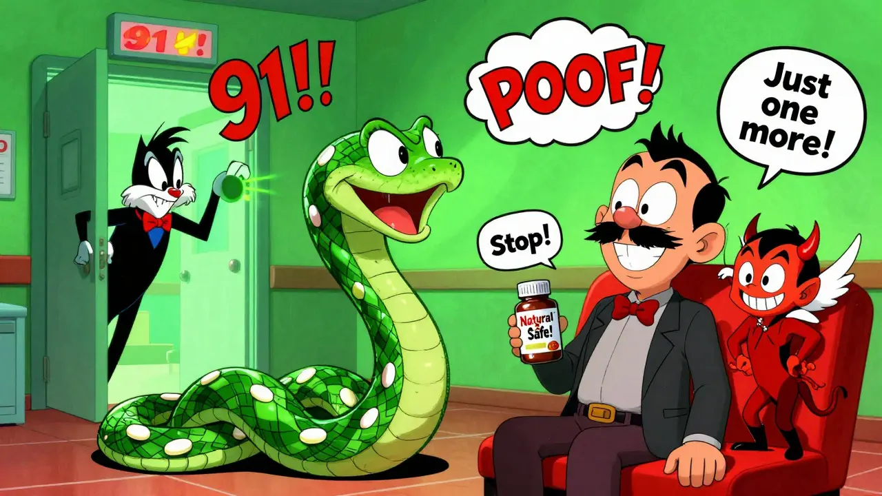 Snake made of pills choking a patient while ER siren flashes in exaggerated cartoon scene