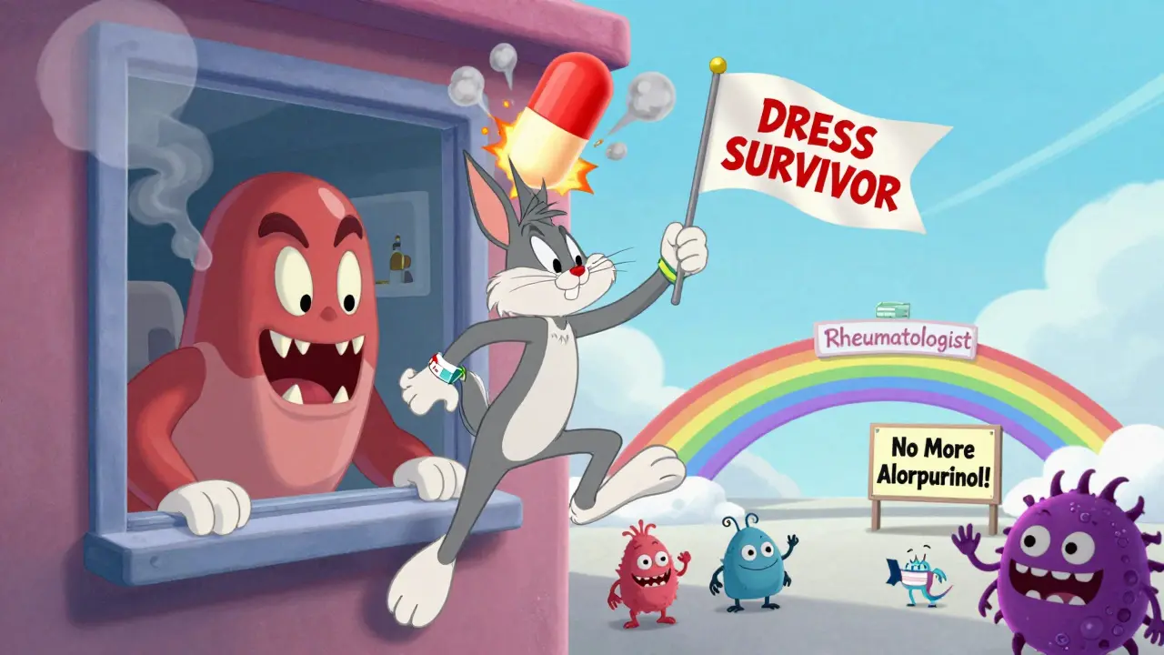 Survivor escaping exploding drug pill, heading toward rheumatologist clinic with autoimmune monsters waving.