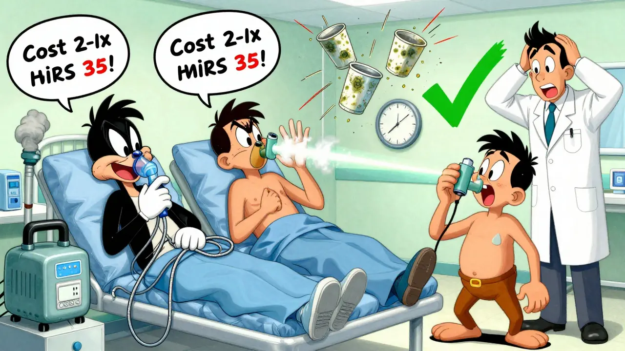 Three patients in an ER: one with a messy nebulizer, one misusing an inhaler, one correctly using a spacer with medicine hitting the lungs.