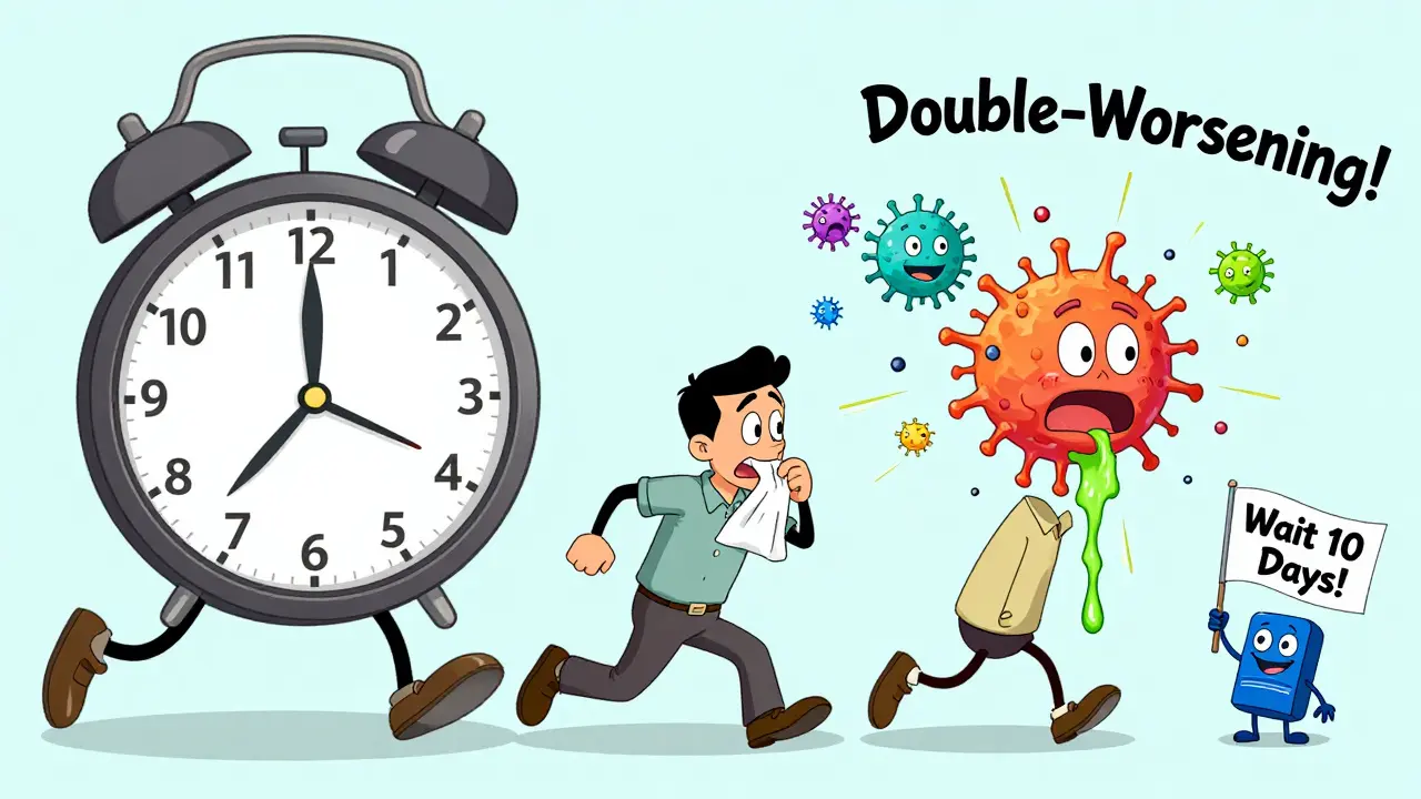 Timeline cartoon showing symptom progress with bacteria monsters bursting during double-worsening pattern.