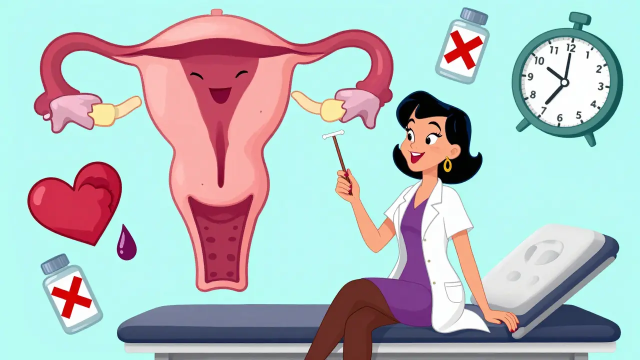 Woman with a tiny IUD as a magic wand, uterus shrinking happily in background.