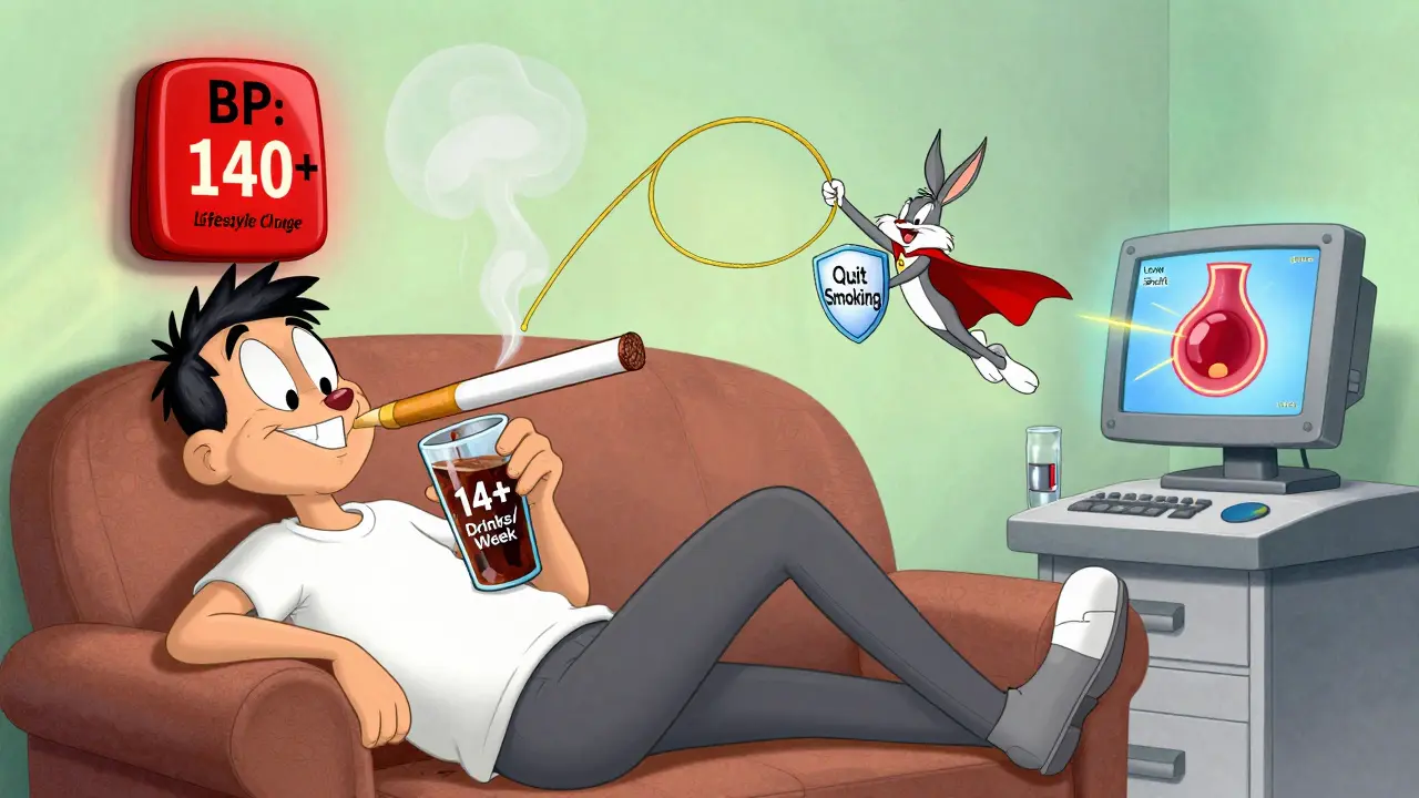 A cartoon patient with unhealthy habits being rescued by a lifestyle superhero in Looney Tunes style.