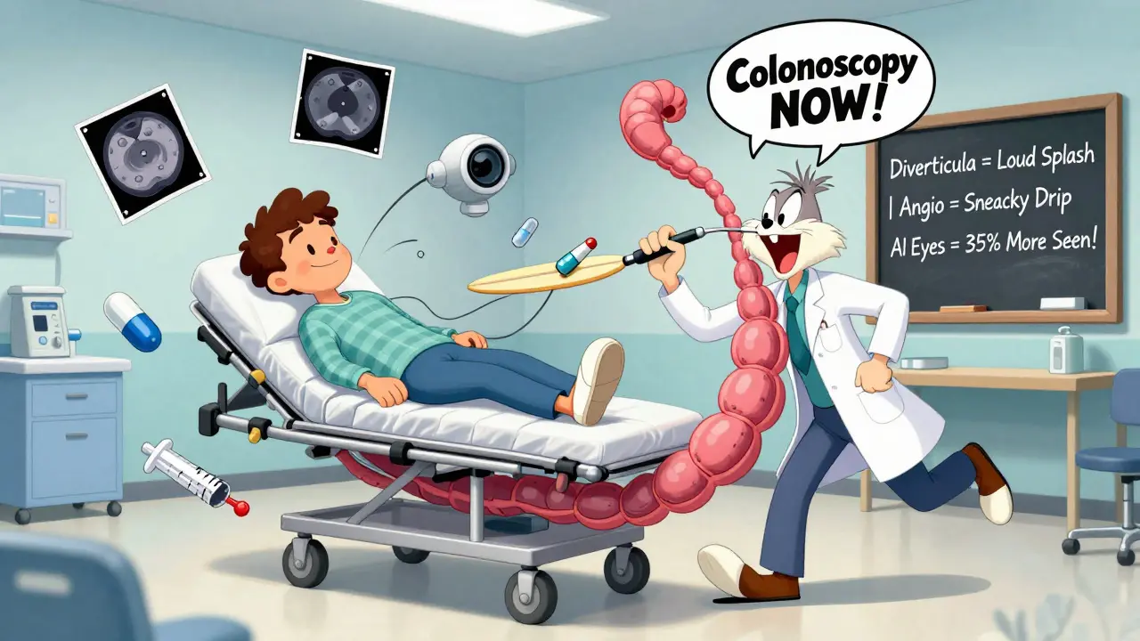 A chaotic ER with a running colon and medical tools flying as doctors rush to perform emergency colonoscopy.