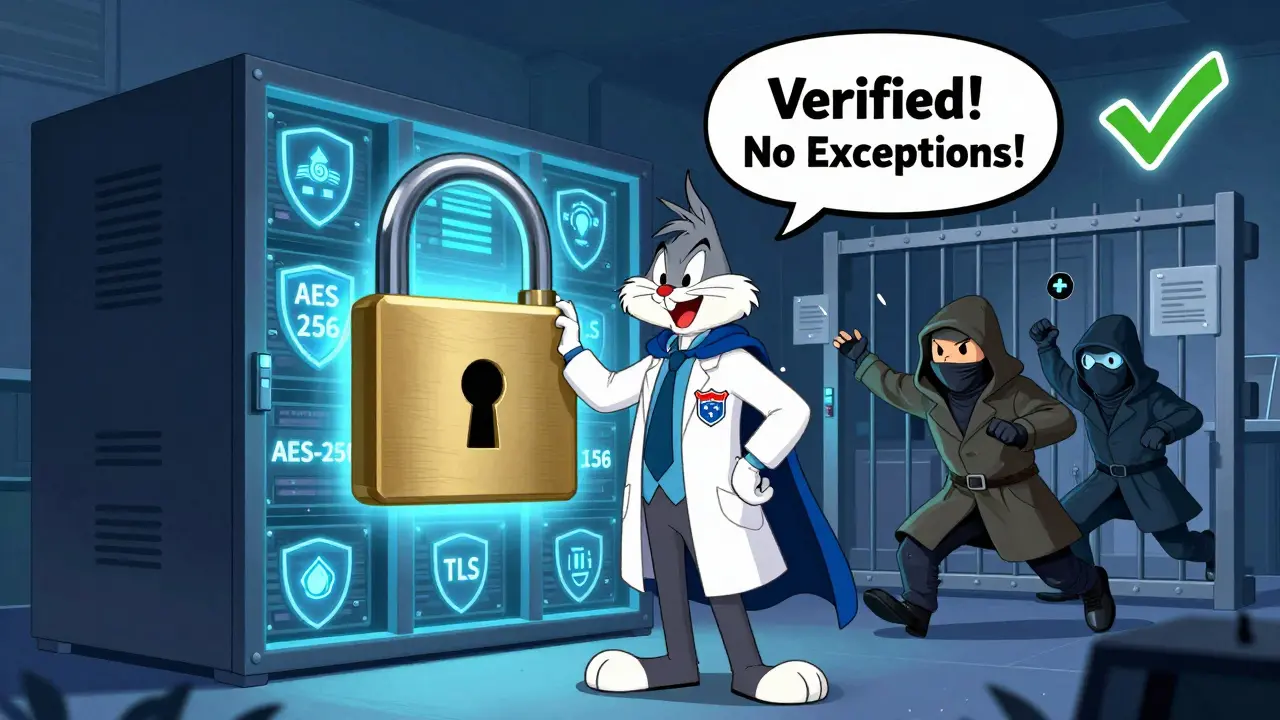 A heroic certified pharmacist protecting patient data with encryption shields and blocking hackers.