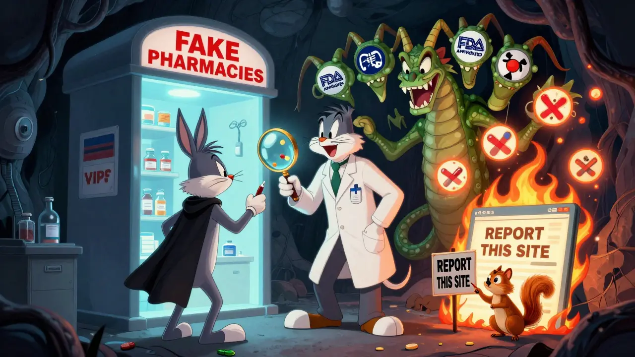 A heroic pharmacist defending a verified pharmacy against a multi-headed hydra of fake online pharmacies.