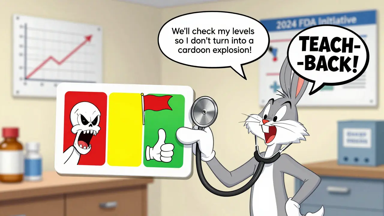 A patient holds a color-coded wallet card with a talking stethoscope explaining blood monitoring in playful Looney Tunes style.