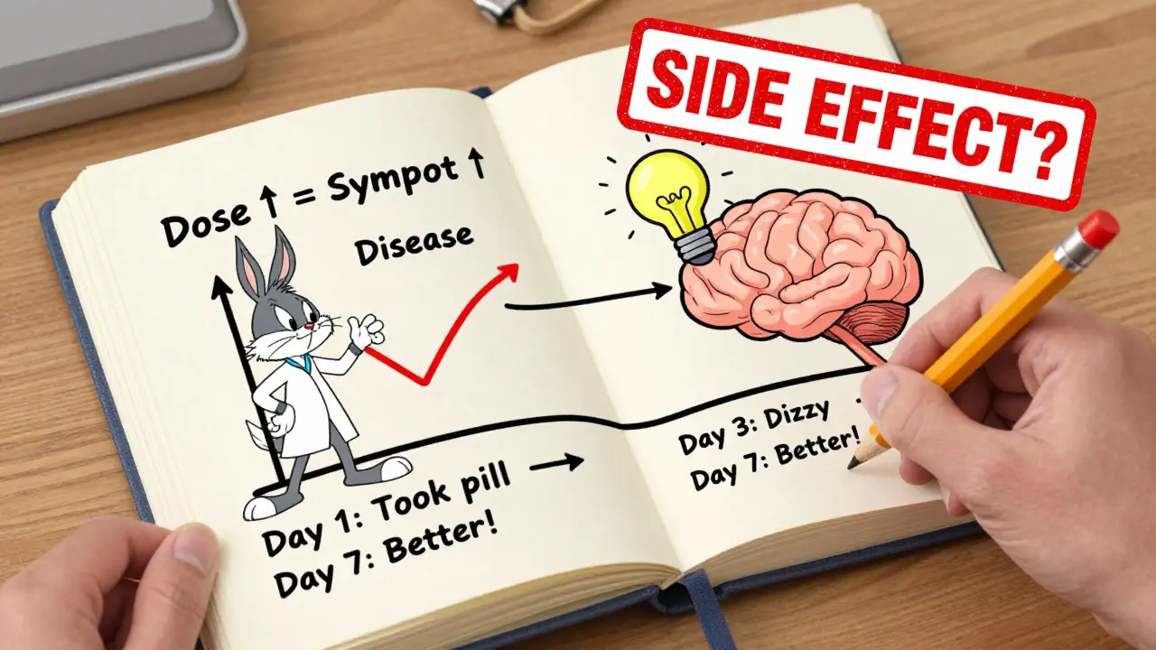 A symptom journal with a timeline and graph showing symptoms worsening with increased dosage, while a disease character tries to sneak in.