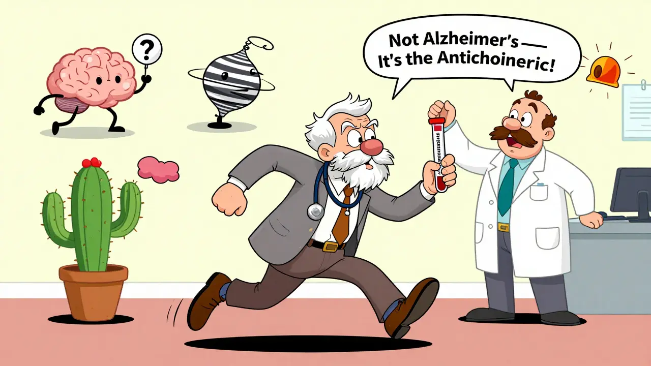 An elderly man chased by cartoon symptoms while a pharmacist holds up a saliva test, clarifying the cause isn't dementia.