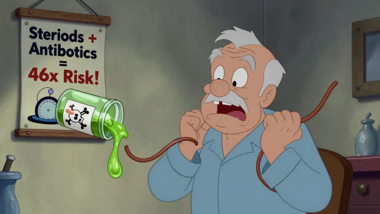An elderly man clutching his shoulder as toxic pills melt his tendons, in classic Looney Tunes animation style.