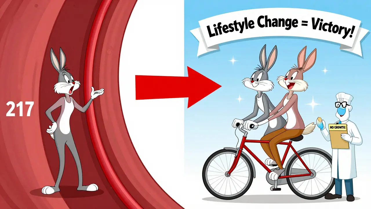 Before-and-after cartoon comparison of a woman with high calcium score transforming to a healthy lifestyle, in Looney Tunes style