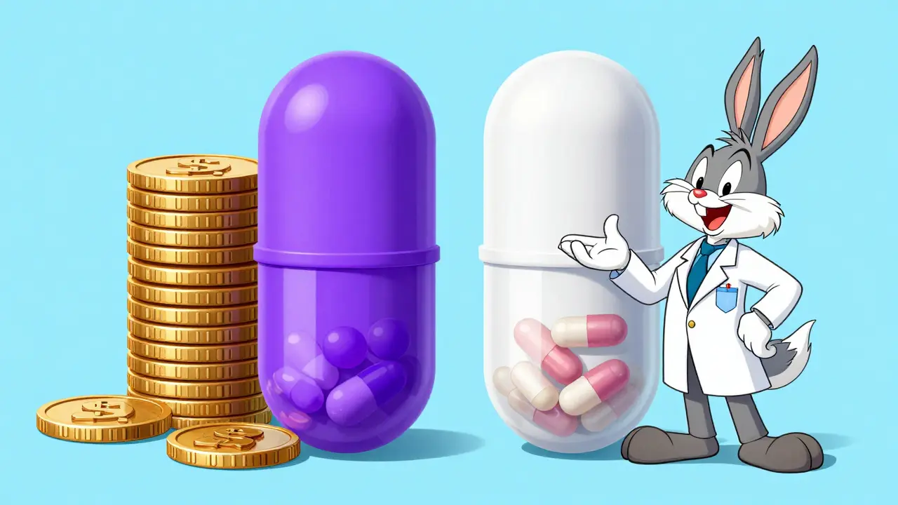 Brand and generic pill bottles with high and low cost coin stacks