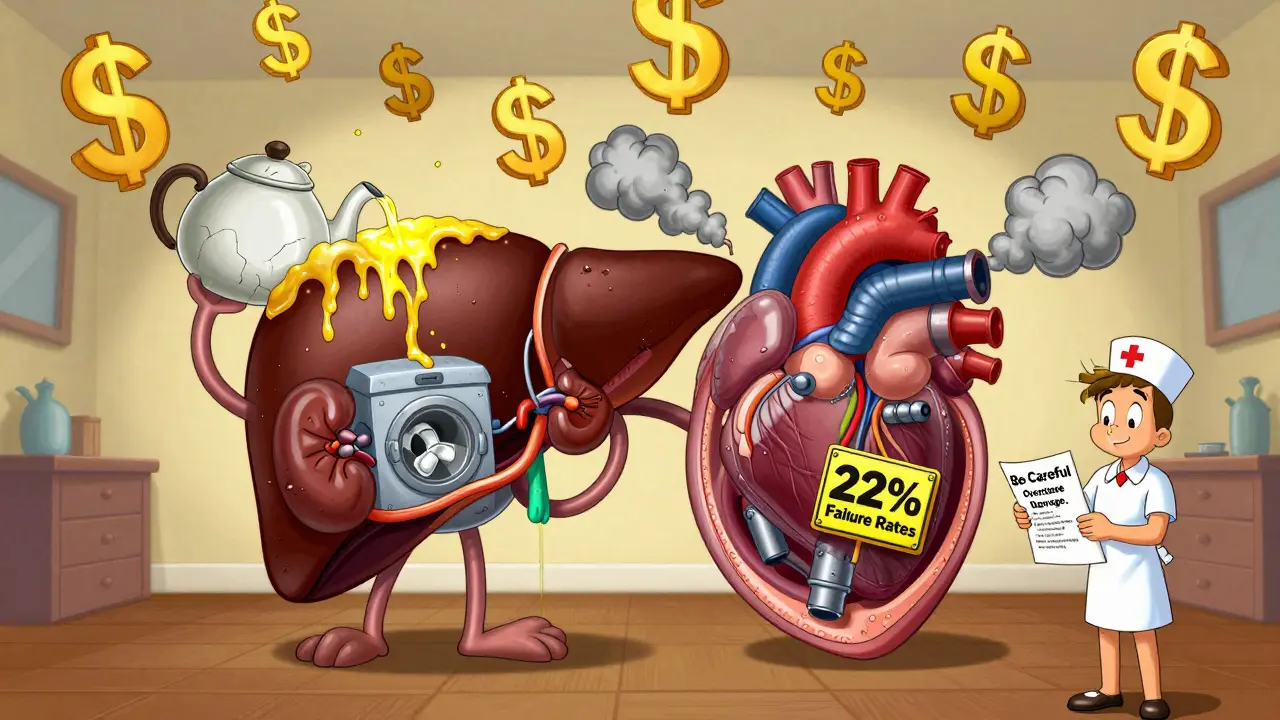 Cartoon body cutaway showing damaged liver, kidneys, and heart with smoke and labels.