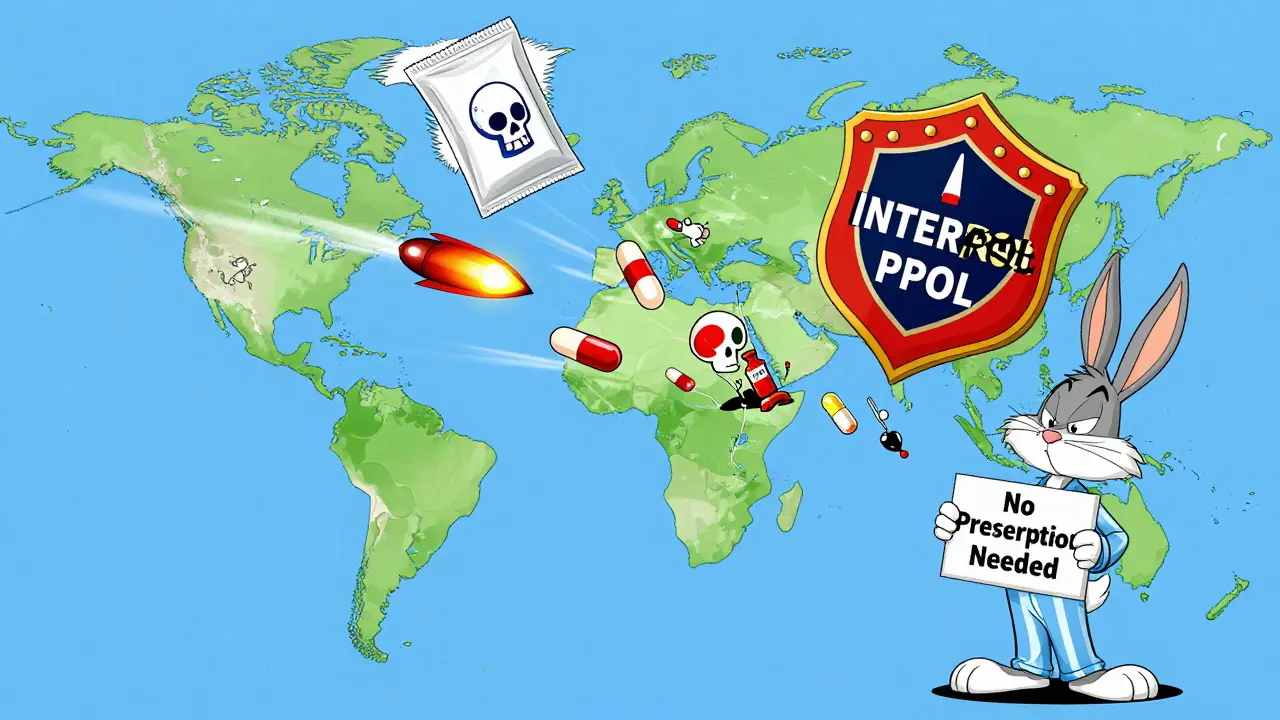Cartoon drug packages flying across a map from overseas labs to multiple countries, exploding into dangerous substances.