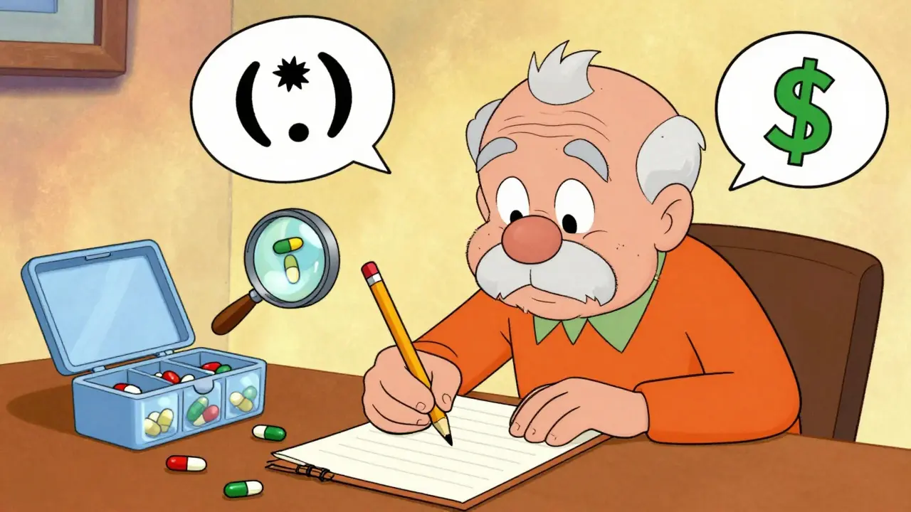 Elderly person writing medication concerns on notepad