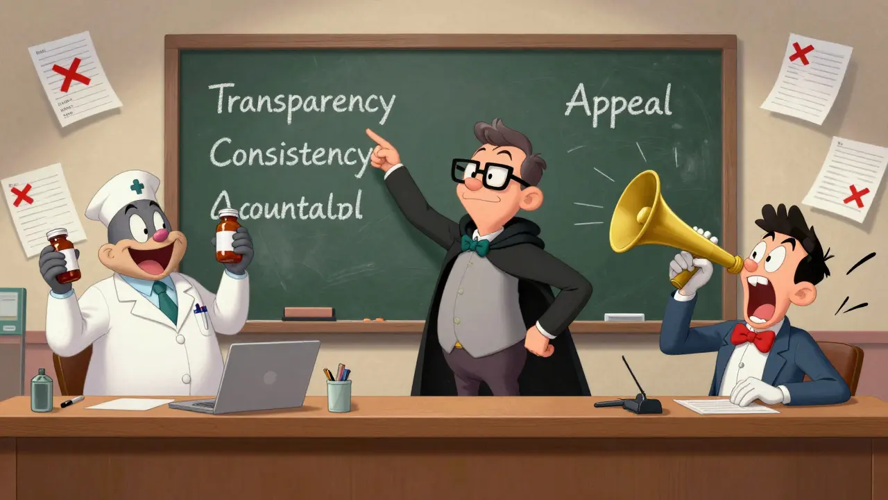 Exaggerated ethics committee meeting with principles on chalkboard and staff juggling vials and megaphones.