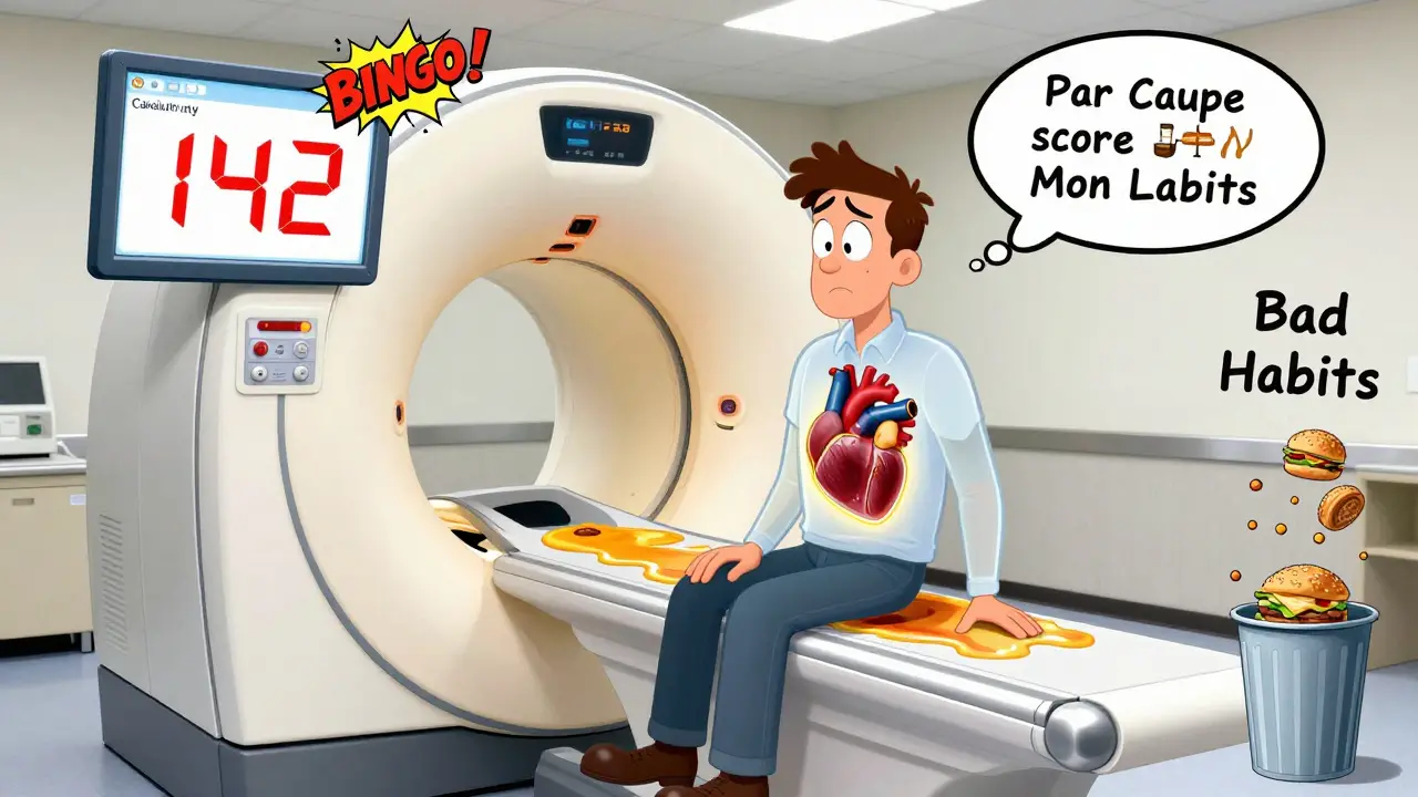 Man in CT machine with transparent body showing plaque buildup and floating calcium score of 142, in Looney Tunes style