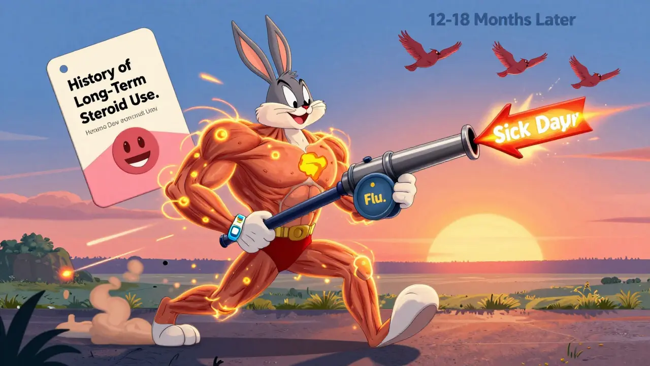 Patient carried by superhero version of self, dodging illness arrows while wearing a medical alert bracelet in Looney Tunes style.