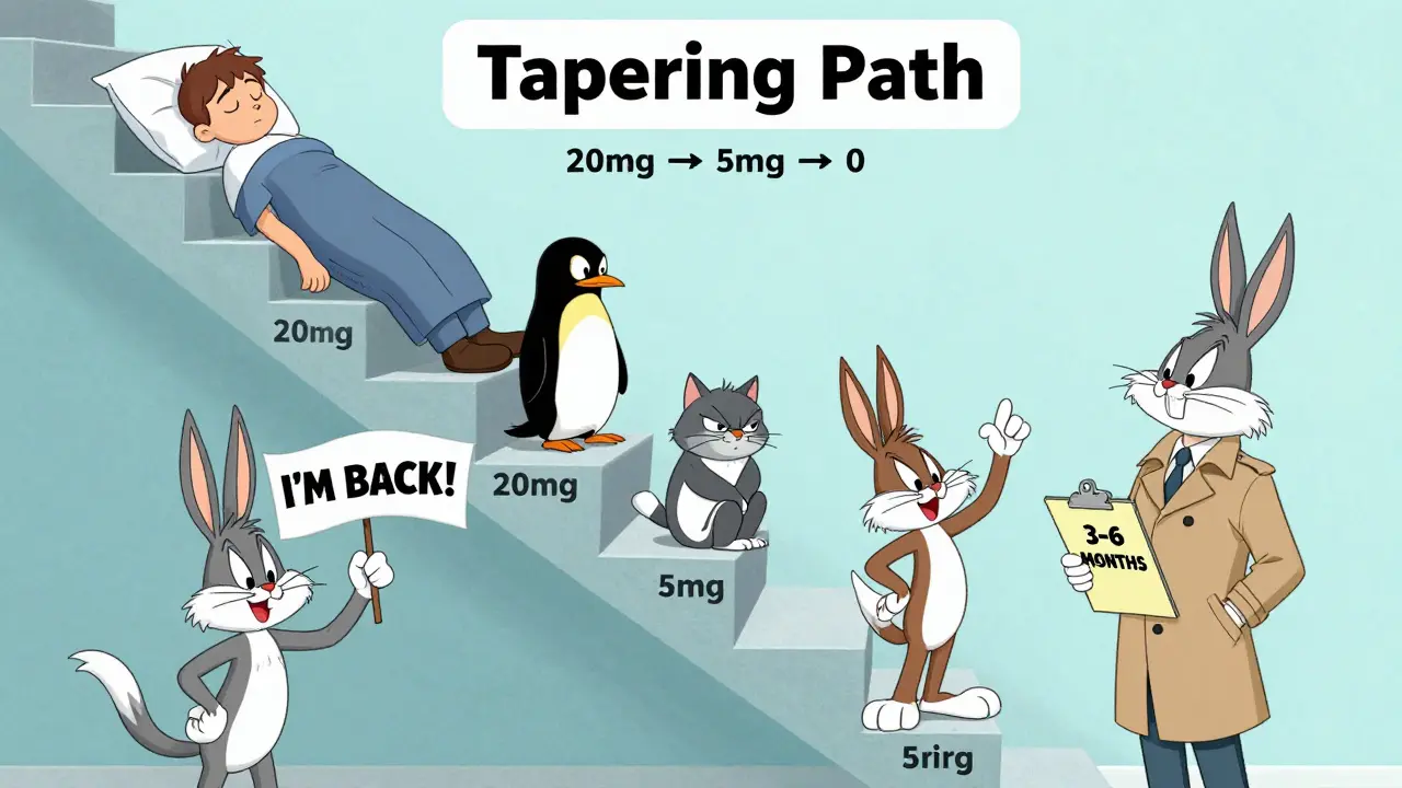 Patient slowly descending a labeled staircase of steroid doses with funny symptoms on each step in Looney Tunes style.