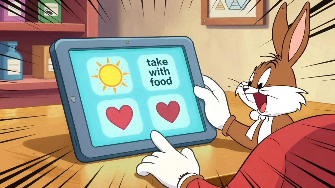 Pharmacist using tablet with icons to explain medication instructions