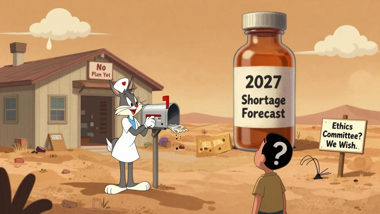 Rural hospital nurse struggling with shortage warning as patient with question-mark head stares at looming vial.