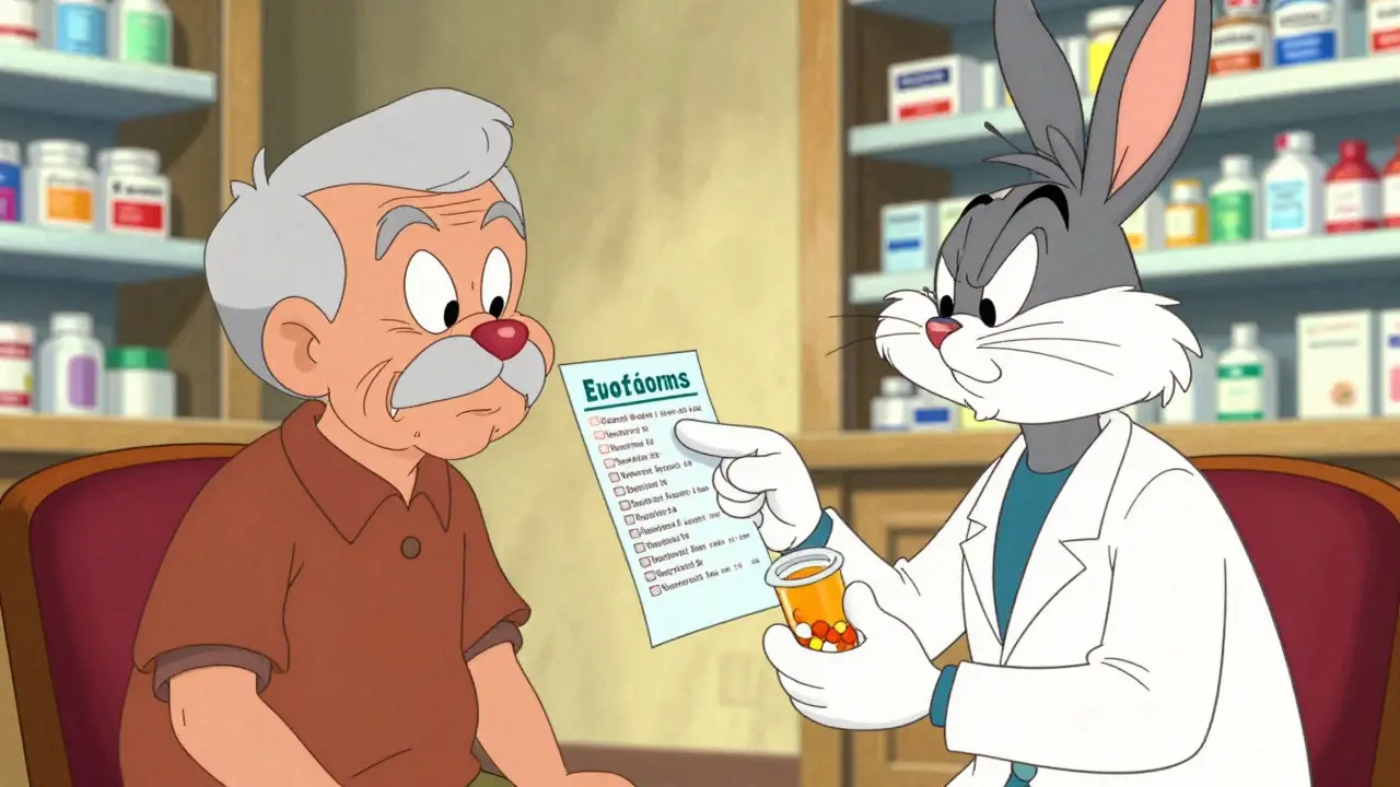 Senior and helper discussing medication review with pharmacist