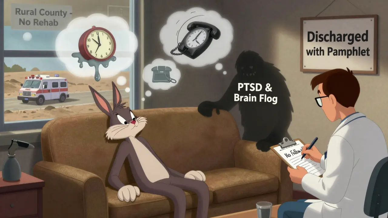 Survivor surrounded by foggy thought bubbles and a dismissive doctor, in Looney Tunes style.