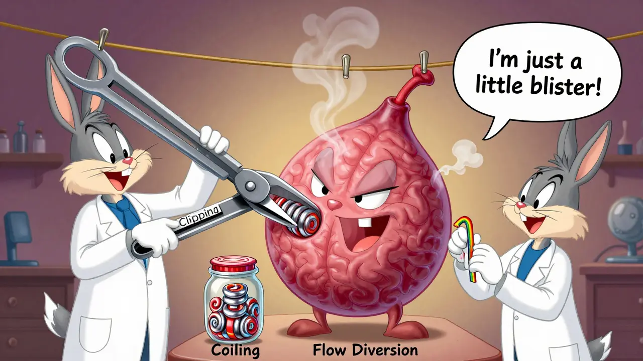 Three cartoon doctors treat a comical aneurysm using clipping, coiling, and flow diversion tools.