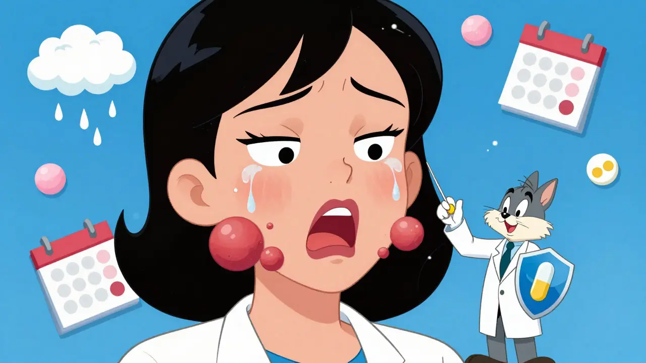 Woman with large hormonal acne lumps on her jawline, surrounded by medical icons and stress symbols.