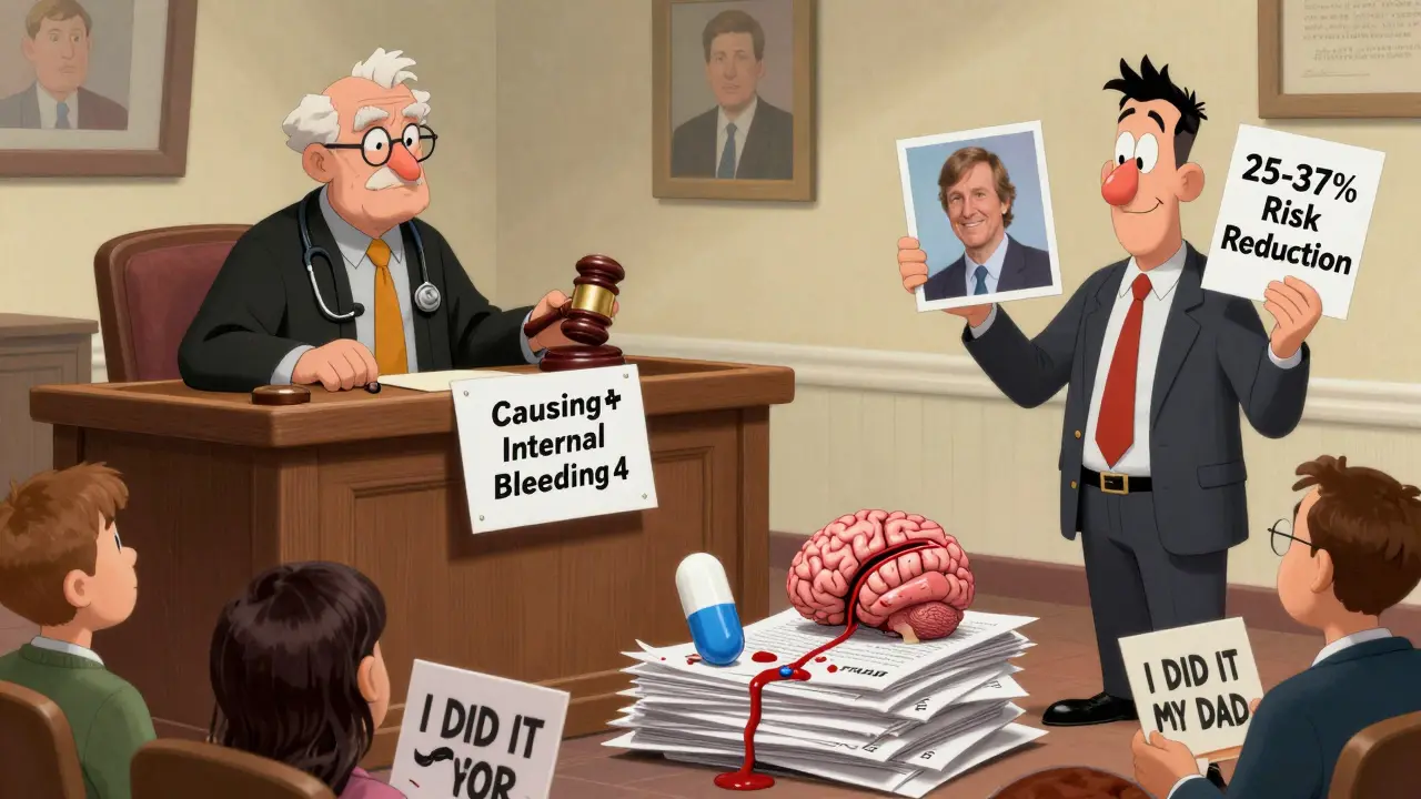 A cartoon courtroom trial where aspirin is accused of causing bleeding, with evidence from studies and a statin as prosecutor.