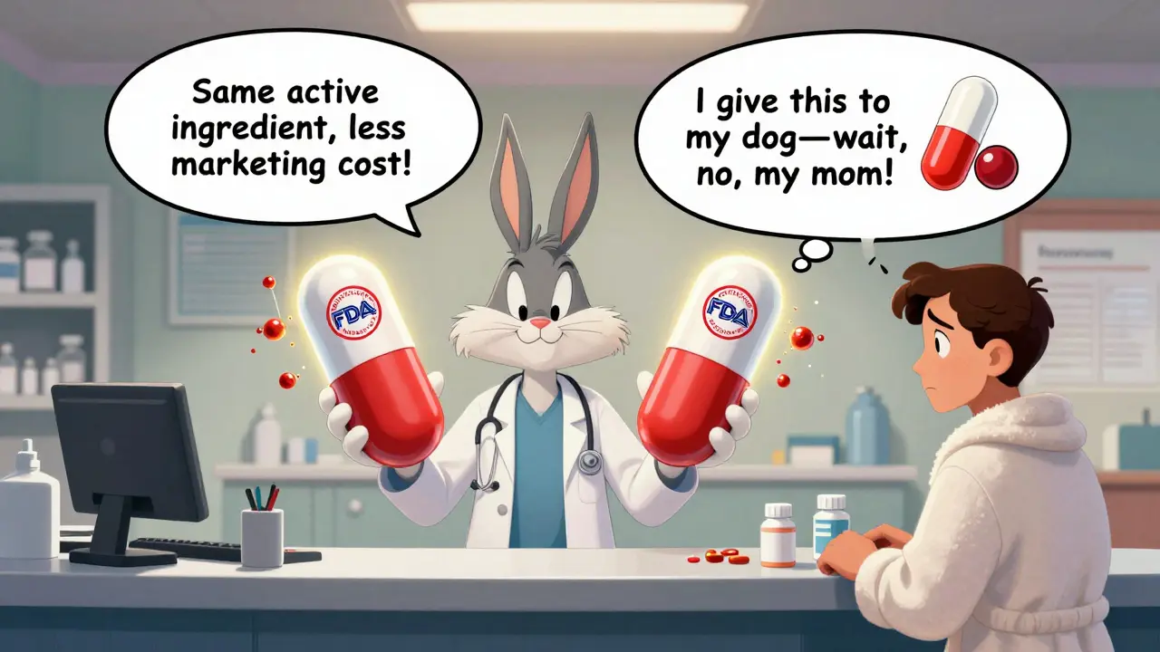 A doctor and pharmacist explain generics to a patient using giant pill-shaped speech bubbles and animated molecules.