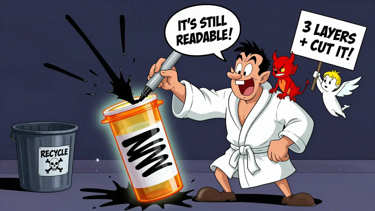 A man scribbling thick black marker lines over a prescription bottle while a devil and angel argue nearby.