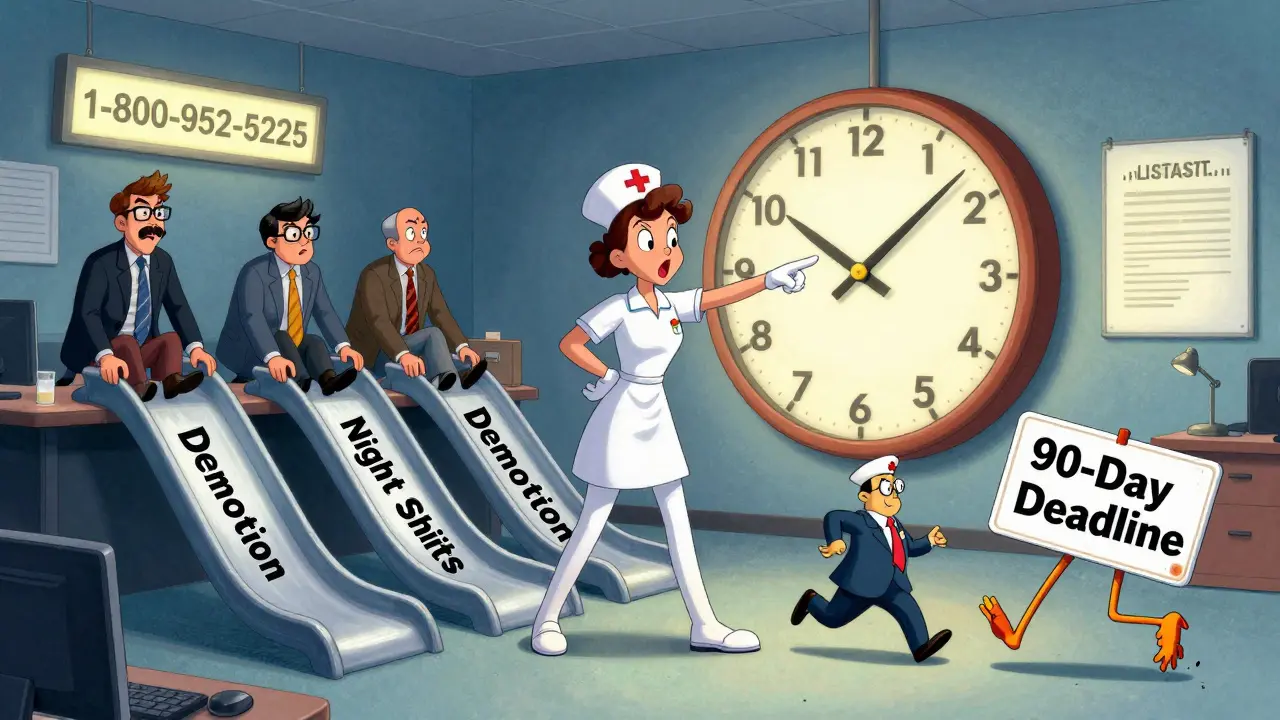 A nurse pointing at a spinning clock while coworkers slide into retaliation traps, with a glowing hotline number on the wall.