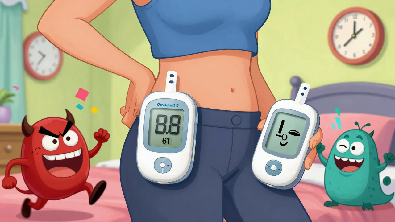 A patch insulin pump on the hip with a friendly CGM adjusting insulin, chasing away low and high blood sugar monsters.