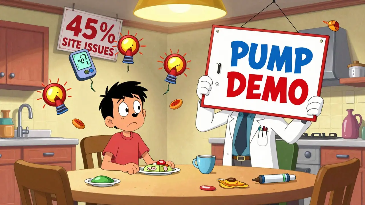 A person overwhelmed by alarm icons near a kitchen table, with a backup insulin pen peeking from their pocket.