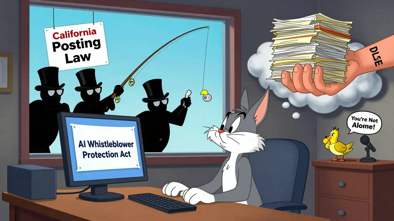 A remote worker facing shadowy corporate figures trying to steal a whistleblower law poster, while a giant hand holds case files.
