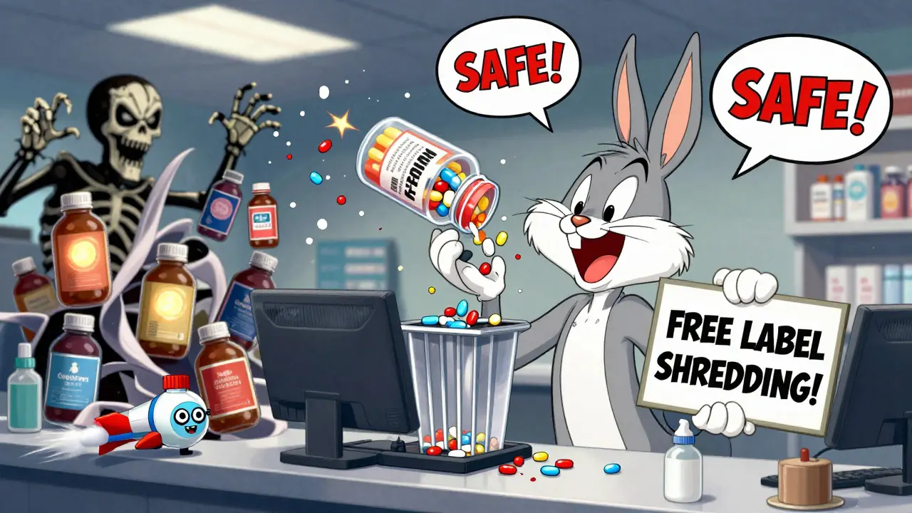 A shredder turning a pill bottle into confetti as a pharmacist offers free label removal in a pharmacy.