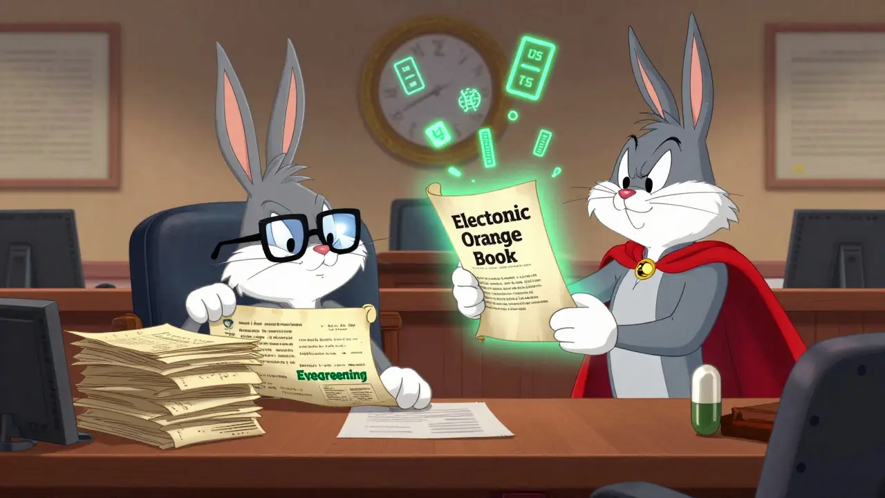 Brand-name drug hiding behind patents as a generic superhero stands before a judge with the Orange Book.