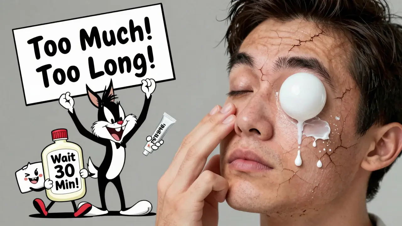 Cartoon face showing skin thinning from overusing steroid cream, with a mischievous 'Steroid Goblin' emerging from the tube.